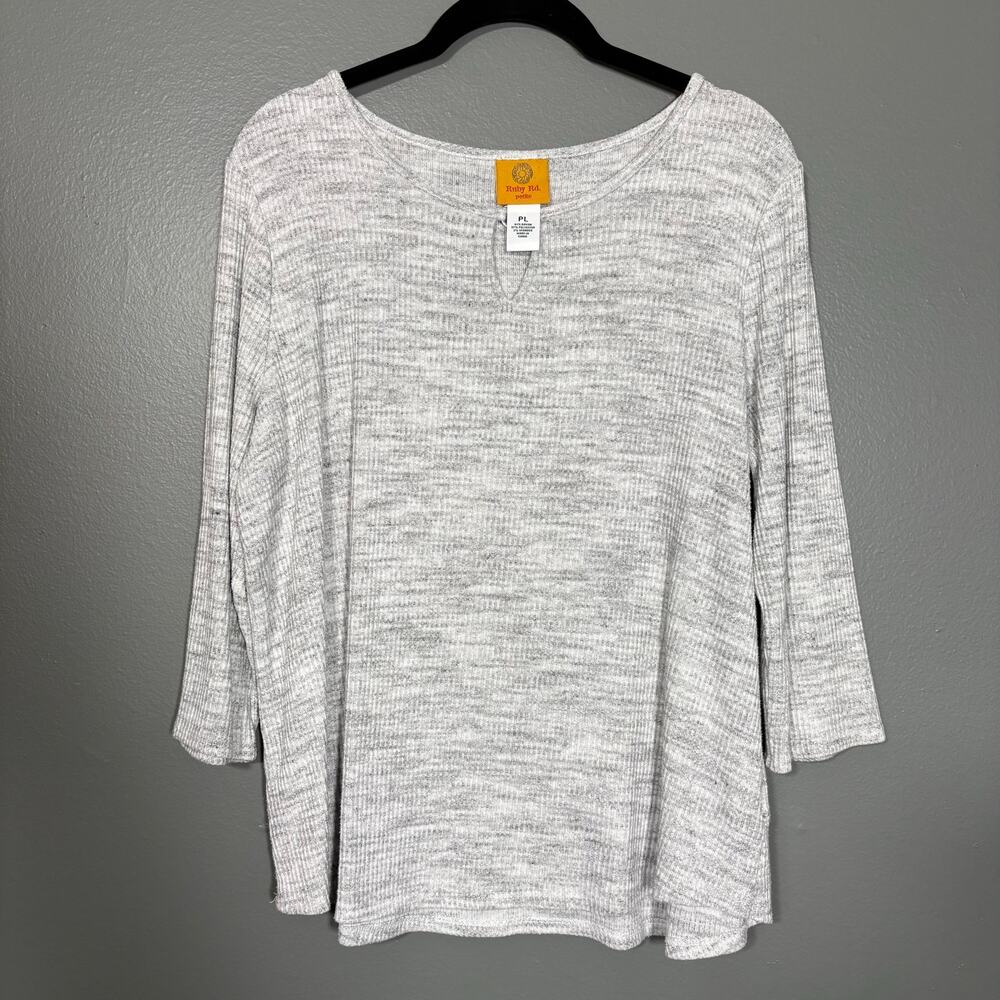Ruby Rd. Gray Marled Ribbed Casual Top Silver Ring Accent - Women's Petite Large